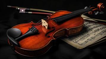 AI generated a violin accompanied by its bow and sheet music, elegantly poised on a black background, with clean lines and natural shadows enhancing its ultra-detailed craftsmanship. photo