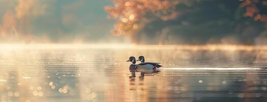 AI generated a pair of Wood Ducks gracefully gliding along the tranquil waters next to the shore of a mountain lake, illuminated by the soft hues of early morning light. photo