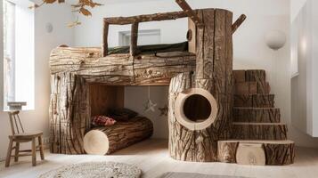 AI generated a natural wood log hut-shaped bunk bed with stairs, nestled in a cozy cabin setting, evoking the essence of rustic charm and adventure. photo
