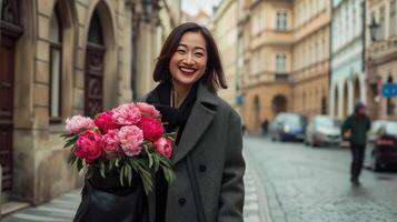 AI generated a 35-year-old lady, radiating happiness as she carries a large bag filled with vibrant peonies, her tall stature and elegant coat adding to the charm of the scene. photo