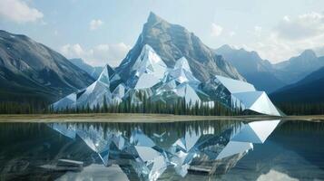 AI generated a mountain landscape crafted entirely from mirrors in a realistic photograph, reflecting the surrounding environment and creating a mesmerizing optical illusion. photo
