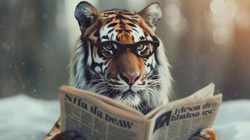 AI generated tiger wearing black glasses as it engages in the act of reading a newspaper against a serene, light-colored backdrop photo