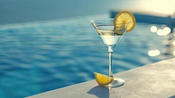 AI generated cocktail on the pool deck, its crystal-clear glass shimmering in the sunlight against a backdrop of tranquil blue waters, evoking a sense of luxury and relaxation. photo