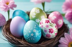 AI generated Easter, colorful painted eggs decorated with ornaments and patterns, purple spring flowers, eggs in a wicker nest, wooden blue background photo