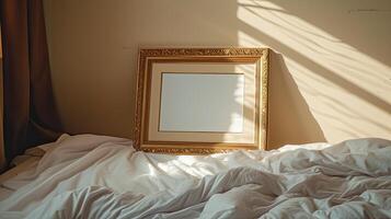AI generated an empty frame resting on a bed, slightly turned, viewed from a high angle, inviting viewers to ponder the potential for personalization and storytelling within the frame's confines. photo