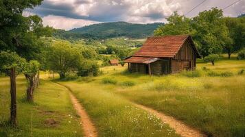 AI generated village life in Serbia with a realistic photograph featuring a quaint wooden cabin nestled amidst the picturesque countryside, evoking a sense of tranquility and serenity. photo