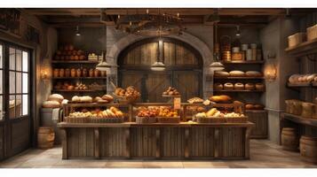 AI generated a quaint bakery, where artisanal bread varieties are artfully arranged on a rustic wooden counter, tempting passersby with their delicious aroma. photo