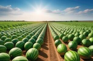 AI generated watermelon plantation, watermelon cultivation, watermelon field to the horizon, harvesting, sunny day photo