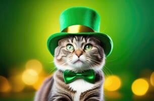 AI generated St. Patrick's Day, pet striped gray cat, green holiday hat, cat in a green leprechaun hat, kitten in a green bow tie, green background, golden bokeh effect photo