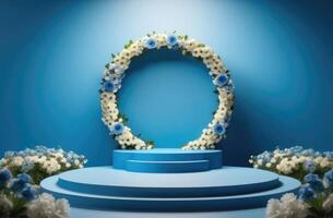 AI generated a round arch of fresh flowers, an empty round blue podium, a platform for displaying cosmetics and perfumes, a scene template for advertising, a blue background photo