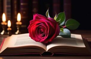 AI generated international Day of Poets and Writers, World Book and Copyright Day, magic book, old open book, red rose, bookshelves, candles photo