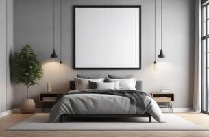 AI generated modern bedroom interior, empty mockup picture frame on the wall, double bed, lots of pillows, minimalist interior, indoor plants, gray shades photo