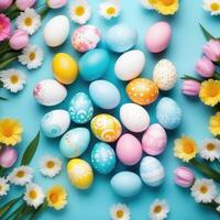 AI generated Easter, colorful painted eggs, delicate pastel shades, patterns and ornaments, spring flowers, blue background, top view photo