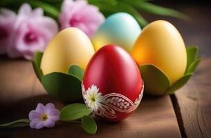 AI generated Easter, colorful painted eggs decorated with ornaments and patterns, spring flowers, wooden background photo