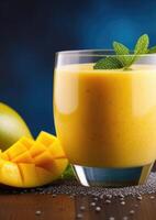 AI generated detoxifying fruit smoothie, Healthy mango and chia seed smoothie, tropical fruits, healthy eating and nutrition, diet smoothie for weight loss, organic products photo