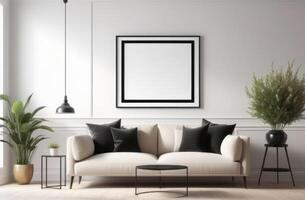 AI generated empty mockup picture frame on the wall, interior of a modern living room, minimalist interior, lounge area with sofa and coffee table, indoor plants, poster template photo