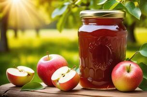 ai generado vaso tarro de manzana mermelada en un de madera mesa, ramas de un manzana árbol, manzana plantación, soleado día, manzana huerta en el antecedentes foto