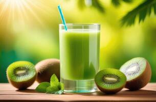 AI generated healthy and proper nutrition, fresh kiwis, fresh homemade kiwi smoothie, a glass of kiwi juice on a wooden table, green plants on the background, sunny day photo