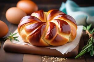 AI generated Easter, traditional Easter pastries, Easter dessert, national Greek pie tsureki, sweet bread korek, panaret, kozunak, herbs and spices, wooden table photo