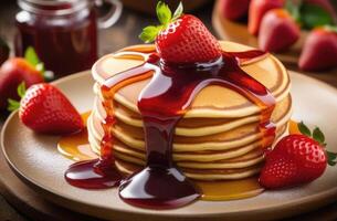 AI generated a stack of pancakes with strawberry jam, pancakes with strawberries, sweet berry dessert, delicious and healthy breakfast, homemade pastries, photos for the coffee shop menu