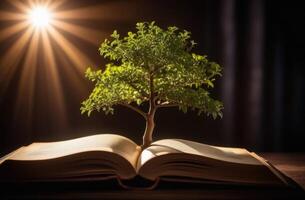 ai generado internacional día de poetas y escritores, mundo libro y derechos de autor día, un verde árbol crece desde un abierto libro, un magia libro foto
