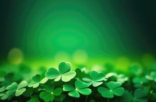 AI generated St. Patrick's Day, abstract green background, bokeh effect, golden glow, background with clover leaves, place for text, Irish shamrock photo