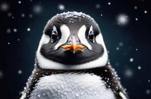 ai generado mundo pingüino día, adulto pingüino, de cerca, negro fondo, nieve y copos de nieve, mirando dentro el cámara foto