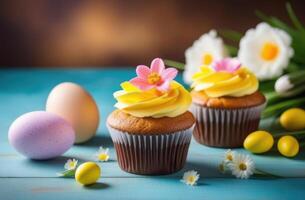 AI generated Easter, traditional Easter pastries, Easter dessert, cupcake decorated with colored cream and flowers, spring flowers, colored eggs, wooden table photo