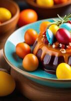 AI generated Easter, Easter dessert, traditional Easter pastries, national Irish simnel cake decorated with colored eggs, marzipan balls, vertical postcard photo