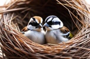 AI generated international Bird Day, World Sparrow Day, two small sparrows in a nest on a tree branch, small chicks, sunny day photo