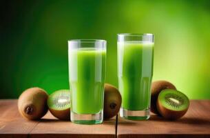 AI generated fresh homemade kiwi smoothie, a glass of kiwi juice on a wooden table, fresh kiwis, healthy and proper nutrition, fruit drink, green background photo