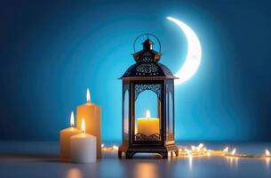 ai generado Laylat al qadr, eid al fitr, santo mes de ramadán, árabe linterna fanus, velas, creciente Luna y estrellas, guirnalda, mágico atmósfera, azul antecedentes foto