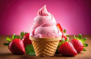 AI generated ice cream with fresh berries, strawberry ice cream waffle cone, berry sweet dessert, summer refreshing dessert on a wooden table photo