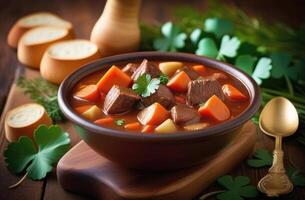 AI generated St. Patrick's Day, traditional Irish pastries, national Irish cuisine, roast meat with potatoes, carrots, vegetables and herbs, stew with beef, beautiful serving photo
