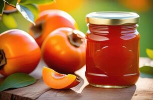 AI generated persimmon orchard, full jar of persimmon jam on a wooden table, persimmon tree branches, persimmon plantation to the horizon, sunny day photo