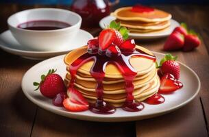 AI generated a stack of pancakes with jam, pancakes with strawberries, sweet berry dessert, delicious and healthy breakfast, homemade pastries, photos for the coffee shop menu