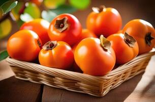 AI generated persimmon orchard, full wicker basket of ripe persimmons on a wooden table, persimmon tree branches, persimmon plantation to the horizon, sunny day photo