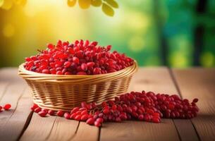 AI generated wicker basket with barberry berries on a wooden table, ripe barberry berries, against the background of a branch of a barberry bush, orchard, sunny day photo