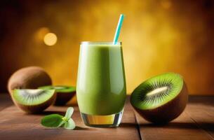 AI generated Healthy kiwi smoothie, detoxifying fruit smoothie, tropical fruits, healthy eating and nutrition, green diet smoothie for weight loss, organic products photo