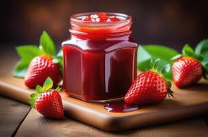 AI generated berry marmalade, a jar of strawberry jam, Homemade jam with strawberries, sweet dessert made from fresh berries, homemade autumn preparations photo