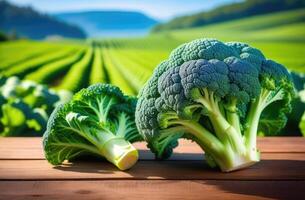 AI generated green broccoli on a wooden table, against the background of a vegetable garden, cabbage field, harvesting, healthy food and organic farming, sunny day photo