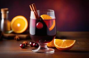 AI generated glass of non-alcoholic mulled wine, hot alcoholic mulled wine, Christmas traditional drink, winter drink with orange, cinnamon and spices, dark background photo