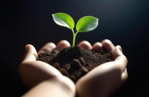 AI generated Arbor Day, a green sprout in the palms, a handful of earth in the hands, Handholding tree sapling, a young plant grows out of the soil, planting plants, dark background photo