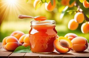 AI generated a jar of apricot jam on a wooden table, an apricot garden, ripe apricots hanging on a branch of an apricot tree, an apricot plantation, organic farming photo