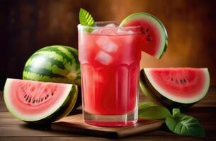 AI generated glass of non-alcoholic watermelon lemonade, refreshing berry drink, fresh summer cocktail with ice, detox water, fruit cocktail, beach bar photo