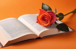 AI generated international Day of Poets and Writers, World Book and Copyright Day, magic book, old open book, red rose, orange background photo