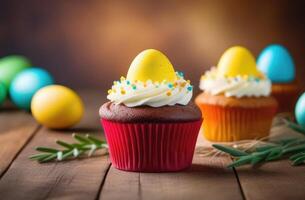 AI generated Easter, traditional Easter pastries, Easter dessert, cupcake decorated with colored cream and egg, colored eggs, wooden background photo