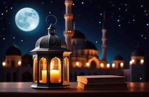 AI generated Laylat al-Qadr, Eid al-Fitr, holy month of Ramadan,Arabic fanus lantern on a wooden windowsill, candles, view from the window, mosque with minarets, full moon and stars, stack of books photo