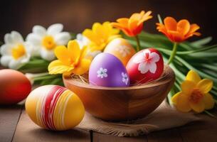 AI generated Easter, colorful painted eggs decorated with ornaments and patterns, spring flowers, wooden background photo