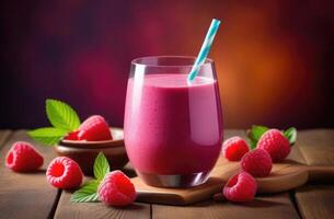 AI generated Healthy raspberry smoothie, detoxifying berry smoothie, diet smoothies for weight loss, organic products, healthy eating and nutrition, mint leaves photo